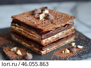 Delicious chocolate mille feuille layered cake resting on a slate plate. Стоковое AI-изображение, AI-художник Иван Рябоконь / Фотобанк Лори
