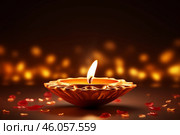 Diwali celebration with burning diya and bokeh effect illuminating the scene. Стоковое AI-изображение, AI-художник Иван Рябоконь / Фотобанк Лори