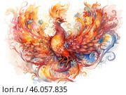A magnificent Firebird surrounded by a swirl of fiery and airy patterns. Its feathers shimmer in shades of red, orange, gold and blue, creating the effect of a living flame. Inspired by Russian fairy tales and folklore, the bird looks majestic, with spread wings and a proud look. The artistic style resembles watercolor painting with smooth color transitions, creating a magical and mystical atmosphere. Стоковое AI-изображение, AI-художник Анна Кривицкая / Фотобанк Лори