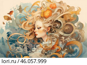 A mysterious girl with wavy golden hair, smoothly turning into sea waves and curls of air. Flowers, curls, fish, birds and fantastic elements are woven into her hair, creating a sense of movement and magic. Her face is gentle and refined, with expressive lips and teardrop-shaped earrings. In the distance, a sailboat, a tower and various symbolic details are visible, giving the image a fairy-tale atmosphere. Стоковое AI-изображение, AI-художник Анна Кривицкая / Фотобанк Лори