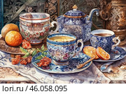 An exquisite tea still life with richly decorated porcelain and fruits. In the center of the composition is an elegant tea set in a traditional Eastern or European style: a teapot, cups and saucers with a blue and white pattern. In the foreground is a cup of hot tea with lemon slices floating in it, and a wooden spoon lying on a saucer. Next to it is a cup of coffee. Around it are oranges, slices of dried citrus, berries and green leaves, creating a cozy atmosphere. The background is decorated with patterned fabrics and metal elements, giving the composition elegance and depth. Стоковое AI-изображение, AI-художник Анна Кривицкая / Фотобанк Лори