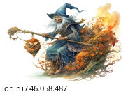 An artistic illustration of an old witch flying on a broomstick. The witch is dressed in a worn blue robe with long sleeves and a pointed hat that flutters in the wind. Her face is wrinkled, with a sly grin and a piercing gaze. She holds an unusual broom, decorated with a scary owl head with a predatory expression, which gives the picture a fabulous and sinister tone.Behind the witch, a magical stream of dry autumn leaves, roots and fiery whirlwinds swirls, as if an enchanted whirlwind carries her through space. The illustration is done in watercolor, which creates the effect of airiness and mystical glow. Стоковое AI-изображение, AI-художник Анна Кривицкая / Фотобанк Лори