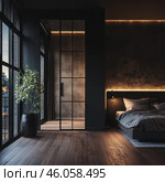 Modern bedroom interior in loft style or minimalism with elements of industrial design. The space is decorated in dark colors with subdued lighting, creating an atmosphere of coziness and luxury.The room combines dark walls, soft lighting around the perimeter of the bed and ceiling, which emphasizes the texture of the finishing materials. Large panoramic windows allow natural light to penetrate the room, and a living plant in a dark pot adds a natural accent.The bed is made in a laconic style with plain textiles, and a small wall lamp is placed nearby for comfortable evening reading. The wardrobe area is separated by a glass partition with black metal frames, which gives the space a modern and light look.The overall style of the room is emphasized by a combination of brutal materials such as concrete, metal and dark wood, with soft fabrics and subdued lighting. Стоковое AI-изображение, AI-художник Анна Кривицкая / Фотобанк Лори