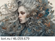 A woman with long silver hair that blends seamlessly into the surrounding nature. Leaves, flowers and branches intertwine with her locks, creating a sense of oneness with nature. The color scheme consists of cool grays, blues and muted golden tones, which gives the painting a mystical and autumnal character. The heroine's facial expression is thoughtful, slightly melancholic, as if she were a forest spirit or an ancient goddess of nature. Стоковое AI-изображение, AI-художник Анна Кривицкая / Фотобанк Лори
