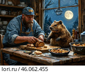 Сидим с бобром за столом, готовим. Сюрреализм. Стоковое AI-изображение, AI-художник Руслан Лесков / Фотобанк Лори