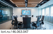Modern conference room with round table, black chairs, glass walls, digital projector, bright interior, professional workspace, ceiling design, corporate meeting space. Стоковое AI-изображение, AI-художник Павел Муравьев / Фотобанк Лори