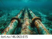 Rusty pipes lying on the ocean floor are slowly corroding. Стоковое AI-изображение, AI-художник Иван Рябоконь / Фотобанк Лори