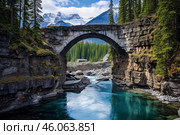 Natural bridge spanning across the kicking horse river in yoho national park. Стоковое AI-изображение, AI-художник Иван Рябоконь / Фотобанк Лори