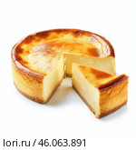 Delicious whole baked cheesecake with slice removed on white background. Стоковое AI-изображение, AI-художник Иван Рябоконь / Фотобанк Лори