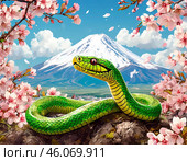 Змея - символ Года - 15 Змея, сакура, гора Фуджи. Стоковое AI-изображение, AI-художник Казума / Фотобанк Лори