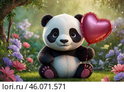 Charming panda chibi with huge sparkling eyes, clutching a heart-shaped balloon against the background of a bright flower garden, radiating joy. Стоковое AI-изображение, AI-художник Александр Поташев / Фотобанк Лори