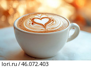 Frothing cappuccino with heart latte art in a white cup. AI generated. Стоковое AI-изображение, AI-художник Ольга Губская / Фотобанк Лори