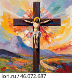 The crucified figure on the cross, adorned with a crown of thorns, symbolizes resurrection and hope at Calvary, set against a backdrop of vibrant colors and dramatic clouds. Generative AI. Стоковое AI-изображение, AI-художник Юлия Петровская / Фотобанк Лори