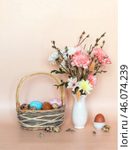 Beautiful Easter still life with spring bouquet of willow branches and chrysanthemum flowers and traditional painted Easter eggs in a wicker basket on a pink background. Empty space for text above. Стоковое фото, фотограф Виктория Катьянова / Фотобанк Лори
