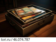 Metal box holding colorful journals and sketchbooks on wooden table. Стоковое AI-изображение, AI-художник Иван Рябоконь / Фотобанк Лори