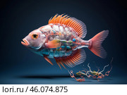 Transparent fish showing microplastics pollution in the oceans. Стоковое AI-изображение, AI-художник Иван Рябоконь / Фотобанк Лори