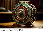 Fly fishing reel shines on wooden table, embracing the art of angling. Стоковое AI-изображение, AI-художник Иван Рябоконь / Фотобанк Лори