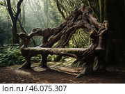 Wooden bench invites rest in a sun dappled forest. Стоковое AI-изображение, AI-художник Иван Рябоконь / Фотобанк Лори