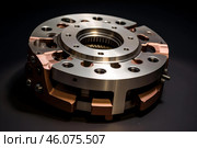 Planetary gearbox showing gears and copper and steel components on a dark background. Стоковое AI-изображение, AI-художник Иван Рябоконь / Фотобанк Лори
