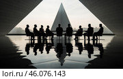 A group of people sitting at a round table in a modern, futuristic room. Their silhouettes look mysterious against the backdrop of a huge triangular window that lets in soft light. The room is surrounded by water, creating the effect of a mirror reflection of the figures, which adds an atmosphere of mysticism and importance to the scene. Visual symmetry and the play of shadows emphasize the concept of power, a secret council or an important strategic meeting. Стоковое AI-изображение, AI-художник Анна Кривицкая / Фотобанк Лори