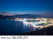 Beautiful view of the night embankment of the city of Sudak after sunset. South coast of the Crimean peninsula. Russia. Стоковое фото, фотограф Константин Лабунский / Фотобанк Лори