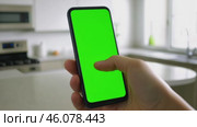Hand of young woman holding smartphone green screen at home kitchen. Mobile phone vertical mockup. Person using phone showing blank green background display. Smart phone closeup. Girl Surfing Content. Стоковое AI-видео, аниматор Марина Демидюк / Фотобанк Лори