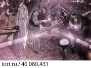 Impudent teams facing on battlefield in outdoor paintball arena during match. Стоковое фото, фотограф Яков Филимонов / Фотобанк Лори