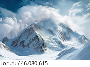A snow-capped mountain covered in a layer of ice and snow. Its steep slopes rise into the sky, disappearing into thick clouds, creating a feeling of unattainable heights. Ice ledges and snowdrifts give the mountain a harsh and mesmerizing appearance. The sky above the summit is painted in soft shades of blue and white, creating an atmosphere of calm and majesty of nature. It is a landscape that reflects the power and beauty of the mountain world. Стоковое AI-изображение, AI-художник Анна Кривицкая / Фотобанк Лори