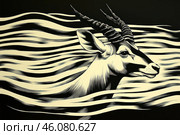 A stylized graphic illustration of an antelope with long horns, done in black and white. The background consists of smooth, wavy lines, creating the effect of movement or merging with the environment. Contrasting black and light areas give the drawing dynamism, and fine detailing emphasizes the grace of the animal. The illustration resembles the technique of linocut or woodcut, which makes it expressive and artistically refined. Стоковое AI-изображение, AI-художник Анна Кривицкая / Фотобанк Лори