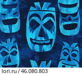 An abstract pattern featuring stylized wooden masks, rendered in bright blue on a dark background. The masks resemble traditional totemic or tribal images, possibly inspired by Polynesian or African culture. They have a variety of facial expressions, from smiling to sinister. The wood grain and rough brushstrokes create the effect of hand-carved figures. The design resembles a modern graphic print or pattern for fabrics, wallpaper, and decorative elements. Стоковое AI-изображение, AI-художник Анна Кривицкая / Фотобанк Лори