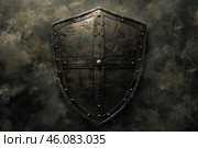 Medieval shield protecting from danger with smoke in background. Стоковое AI-изображение, AI-художник Иван Рябоконь / Фотобанк Лори