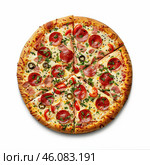 Delicious pizza with pepperoni, ham, and jalapenos being sliced on white background. Стоковое AI-изображение, AI-художник Иван Рябоконь / Фотобанк Лори