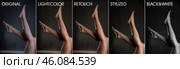 Before and after skin processing in photo editor, collage set pictures. Beauty woman legs model before and after retouching with photo editors. Edited photos being compared concept. Copy ad text space. Стоковое фото, фотограф Aleksandr Golubev / Фотобанк Лори