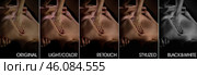 Retouching process pictures before and after skin processing. Collage set of woman back massaging before and after retouch by photo editors. Edited photos being compared concept. Copy ad text space. Стоковое фото, фотограф Aleksandr Golubev / Фотобанк Лори