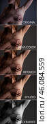 Perfect woman body before and after retouching process. Photo editors, collage set of retouch pictures before and after soft skin processing. Edited photos being compared concept. Copy ad text space. Стоковое фото, фотограф Aleksandr Golubev / Фотобанк Лори