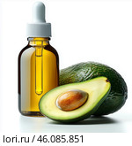 Delicate matte white bottle of skin oil with avocado on white background. Стоковое AI-изображение, AI-художник Katsiaryna Repich / Фотобанк Лори