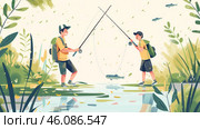 Two boys standing on either side of a small body of water, fishing. They are dressed in summer clothes, with backpacks on their backs and caps on their heads. Their fishing rods are crossed in the air, and one of them has a fish hanging from a hook. There is lush nature around - lots of greenery, leaves and plants, creating a feeling of calm and comfort. The water reflects the boys and the surrounding nature, adding dynamism to the scene. The atmosphere is light, summery, conveying the joy of communicating with nature. Стоковое AI-изображение, AI-художник Анна Кривицкая / Фотобанк Лори