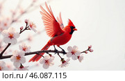 A red cardinal perched on a branch of a cherry blossom tree. Стоковое AI-изображение, AI-художник Виктория Кольцова / Фотобанк Лори