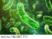 Microscopic view of bacteria spreading in body. Стоковое AI-изображение, AI-художник Иван Рябоконь / Фотобанк Лори