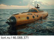 Yellow submarine floating on the ocean at sunset. Стоковое AI-изображение, AI-художник Иван Рябоконь / Фотобанк Лори