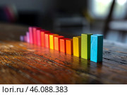 Colorful wooden blocks forming increasing bar chart on table. Стоковое AI-изображение, AI-художник Иван Рябоконь / Фотобанк Лори