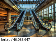 Escalators leading to sunlight filled modern building. Стоковое AI-изображение, AI-художник Иван Рябоконь / Фотобанк Лори