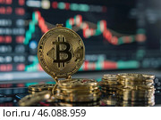Bitcoin cryptocurrency standing on pile of golden coins with trading chart background. Стоковое AI-изображение, AI-художник Иван Рябоконь / Фотобанк Лори