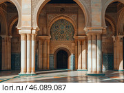 Sunlight illuminating ornate interior of hassan ii mosque. Стоковое AI-изображение, AI-художник Иван Рябоконь / Фотобанк Лори