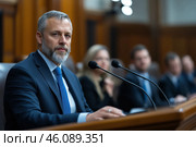Portrait of senior politician or businessman speaking in conference room. Стоковое AI-изображение, AI-художник Евгений Харитонов / Фотобанк Лори