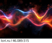 An abstract light field filled with bright dots that create the illusion of movement and waves. The colors are mostly red, blue and orange, smoothly blending into each other. The light dots, like particles, are distributed in the form of sinuous lines that create the effect of energy, speed and dynamics. This image looks like a digital or scientific visualization that represents a flow of data or waves. Стоковое AI-изображение, AI-художник Анна Кривицкая / Фотобанк Лори