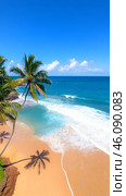 The warm sun shines on a peaceful beach with gentle waves on golden sands, promoting relaxation. Стоковое AI-изображение, AI-художник Елена Старчак / Фотобанк Лори