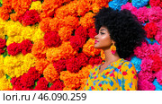A woman embraces the vivid hues of flowers, showcasing fashion and joy against a colorful wall. Стоковое AI-изображение, AI-художник Елена Старчак / Фотобанк Лори