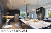 Large kitchen with a white countertop and stainless steel appliances. Стоковое AI-видео, аниматор Sergey Grishin / Фотобанк Лори