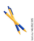 Two wellow and blue ball pens isolated on white background. Design element with clipping path. Стоковое фото, фотограф Елена  Попкова / Фотобанк Лори